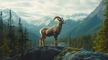 Obraz premium Majestic Mountain Goat Standing Proudly on a Rocky Outcrop Overlooking Breathtaking Wilderness Scenery