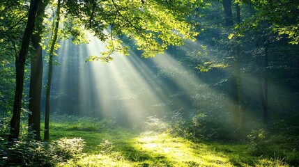 Fototapeta premium 2. A misty forest with sunlight breaking through the trees, casting an ethereal glow on the ground