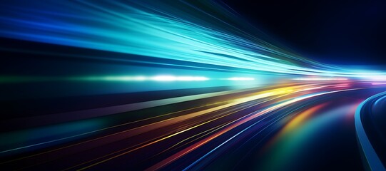 Dynamic streaks of blue, teal, and yellow light flow smoothly across a dark background, creating a futuristic motion and energy effect. web banner