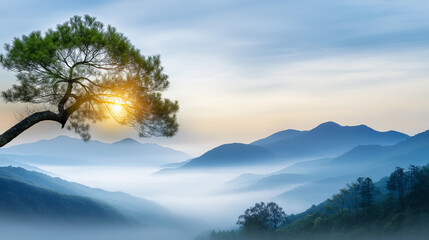 Tree with a sun shining on it. Minimalistic background.