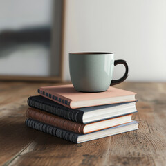 Fototapeta premium stack of notebooks with coffee cup on top, set on wooden table