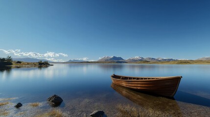 Naklejka premium Serene Lake Scene with Wooden Boat and Distant Mountains under a Clear Blue Sky