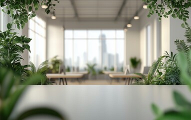 Fototapeta premium Lush greenery fills a bright modern workspace with large windows and city views in a calm environment