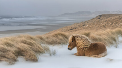 Icelandic Horse Resting in Snowy Dunes by the Ocean