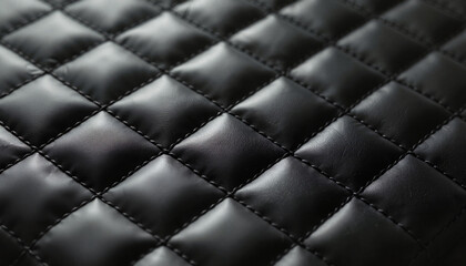 A close-up of black leather upholstery with quilted patterns showcasing intricate texture and fine stitching