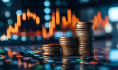 Stacked coins with fluctuating financial charts in the background during nighttime hours