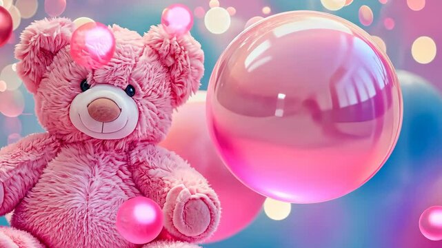 Girlish background with cute teddy bear, balloons, bokeh lights and copy space. Festive animated backdrop with empty space for text. Greeting card for kids. Event for children. Its a girl.