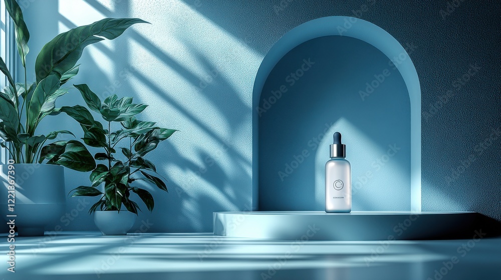 Poster Elegant Blue Setting with Serum Bottle and Green Plant Decor