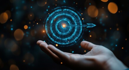 Hand holding a glowing target with digital arrow and bokeh lights background