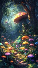 Enchanted fairy tale forest landscape with a path leading through a dense verdant woodland filled with glowing colorful mushrooms and a mystical dreamy atmosphere of wonder and imagination