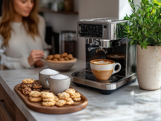 small office coffee corner with a coffee machine, mugs, and a bowl of sugar, a sleek countertop with neutral decor, and a tray with cookies and snacks