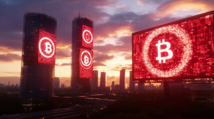 Obraz premium Futuristic cityscape featuring tall towers with digital displays showcasing cryptocurrency symbols against vibrant sunset