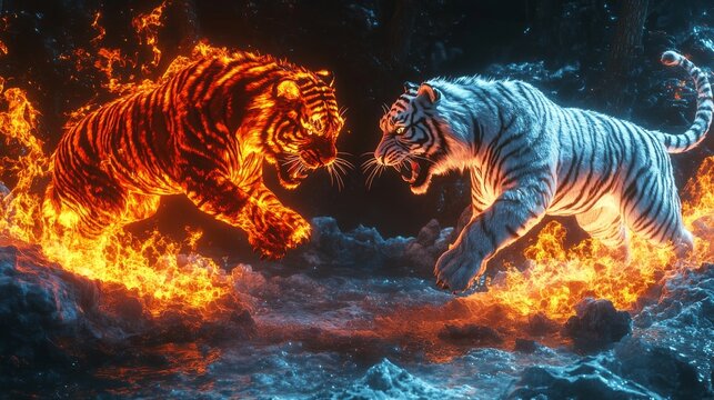3d art of Two tigers are fighting . One is a red tiger made of flames, its eyes are glowing, its stripes are illuminated, it is surrounded by flames, and it attacks from above. The second tiger 