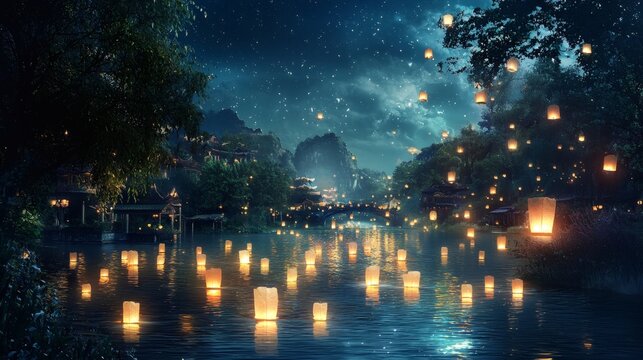 41. A serene view of floating paper lanterns glowing on a tranquil river under an ethereal night sky
