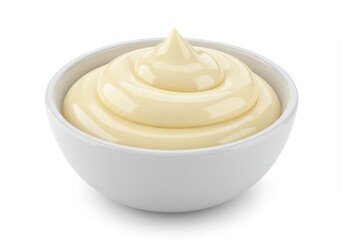 A 3D white ceramic bowl filled with a smooth swirl of creamy mayonnaise isolated on white background