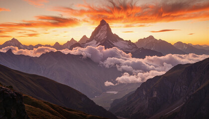 Naklejka premium Majestic mountain range at sunset, nature's tranquil beauty