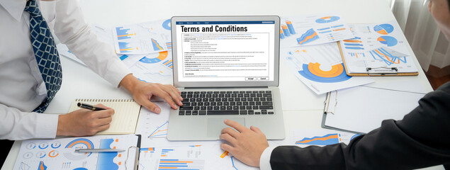 Digital legal contract provide terms and conditions document on computer screen ready for online digital signature for deal agreement of future business brisk