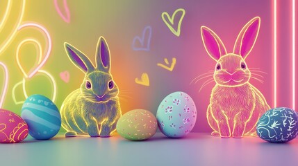 A retro-style Easter 2025 banner with neon bunnies, rainbow-colored eggs, and bold, outlined text reading 'Hop Into Easter 2025'
