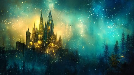 Fototapeta premium 53. A fantasy-inspired castle glowing under the shimmering lights of an ethereal aurora