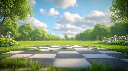 Fototapeta premium 3D cartoon scene, modeled with C4D. A cute cartoon scene, Clay style,A checkered chessboard made of spliced grasslands.Centered composition.with a simple background.The resolution is 8K and the pictur