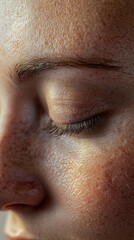 A close-up of a person’s face, soft light highlighting freckles and skin contours, gentle shadows enhancing texture, creating a natural, radiant glow.