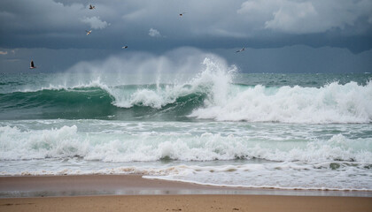Dynamic waves crashing on stormy beach under dark sky, natural power