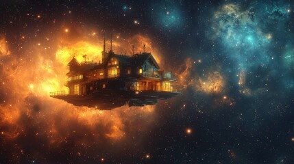 62. A surreal floating house glowing in an ethereal starlit sky