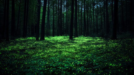 Obraz premium Dark Forest at Night with a Deep Black Sky, Contrasting with the Vibrant Green Glow of Bioluminescent Plants Illuminating the Ground Below