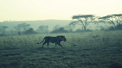 A single lion is walking in a misty savanna field, surrounded by trees