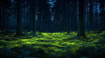 Obraz premium Dark Forest at Night with a Deep Black Sky, Contrasting with the Vibrant Green Glow of Bioluminescent Plants Illuminating the Ground Below
