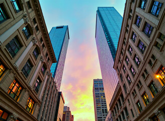 City Buildings Silhouetted Against a Pink Sky Background
