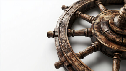 Obraz premium Vintage Wooden Ship Steering Wheel Isolated on White Background