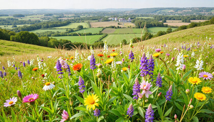 Obraz premium Vibrant wildflowers blooming in countryside meadow, springtime beauty