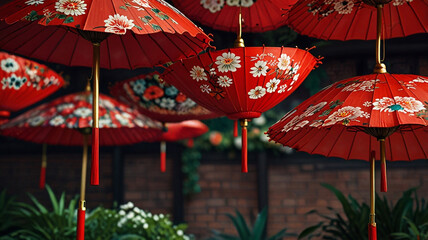 Elegant red chinese umbrellas with floral patterns creating an asian-inspired backdrop