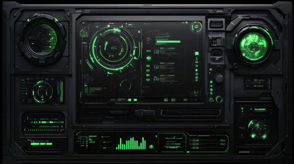 A dark, sleek digital interface with black panels and glowing green icons, embodying a futuristic user experience 