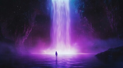 82. An enchanted glowing waterfall cascading through an ethereal magical landscape