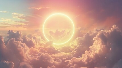 83. A glowing ring floating in the sky surrounded by ethereal clouds