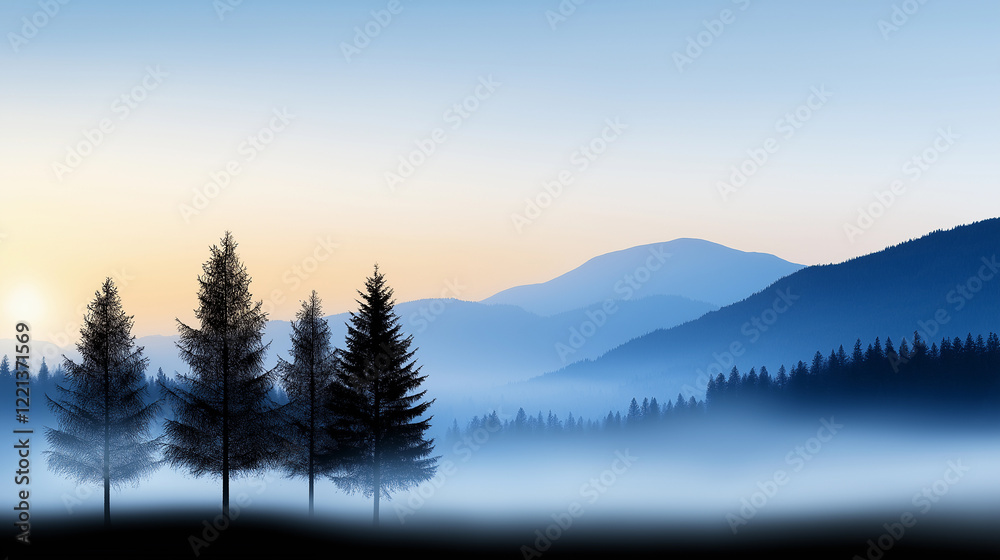 Wall mural three trees are in the foreground of a mountain range. minimalistic background.
