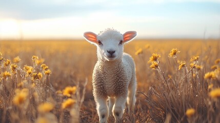 Fototapeta premium Cute lamb standing in a yellow flower field at sunset.