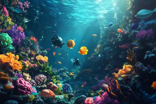 Underwater world with plastic waste, divers saving marine life