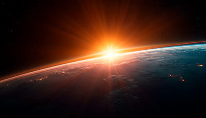 Sunrise view from space with crescent moon and glowing Earth