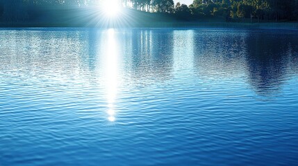 Naklejka premium Calm lake sunrise, trees reflected, tranquil scene, nature backdrop