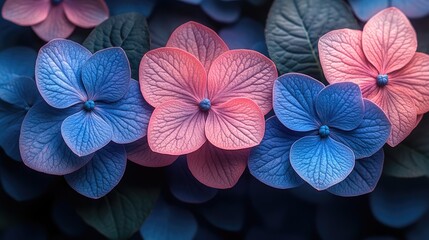 Obraz premium A close-up view of hydrangea flowers in various shades of blue and soft pink,