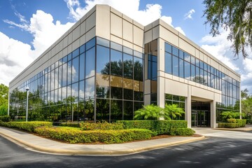 A professional building featuring structured overhangs, reflective windows, and a paved entryway