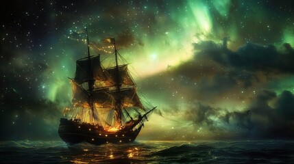 Fototapeta premium 114. A glowing ship sailing through an ethereal sea under the northern lights