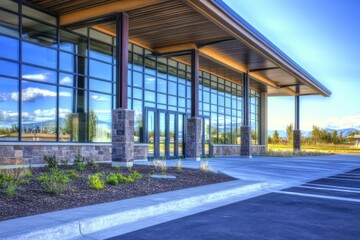 A professional building featuring structured overhangs, reflective windows, and a paved entryway