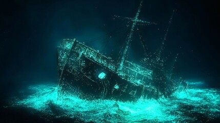123. A glowing shipwreck under the sea, surrounded by ethereal bioluminescent creatures