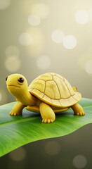 Adorable Yellow Turtle on a Leaf with Soft Bokeh Background