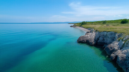 Obraz premium Body of water with a rocky shoreline. Minimalistic background.