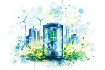 vibrant watercolor illustration of battery surrounded by greenery and wind turbines, symbolizing renewable energy and sustainability